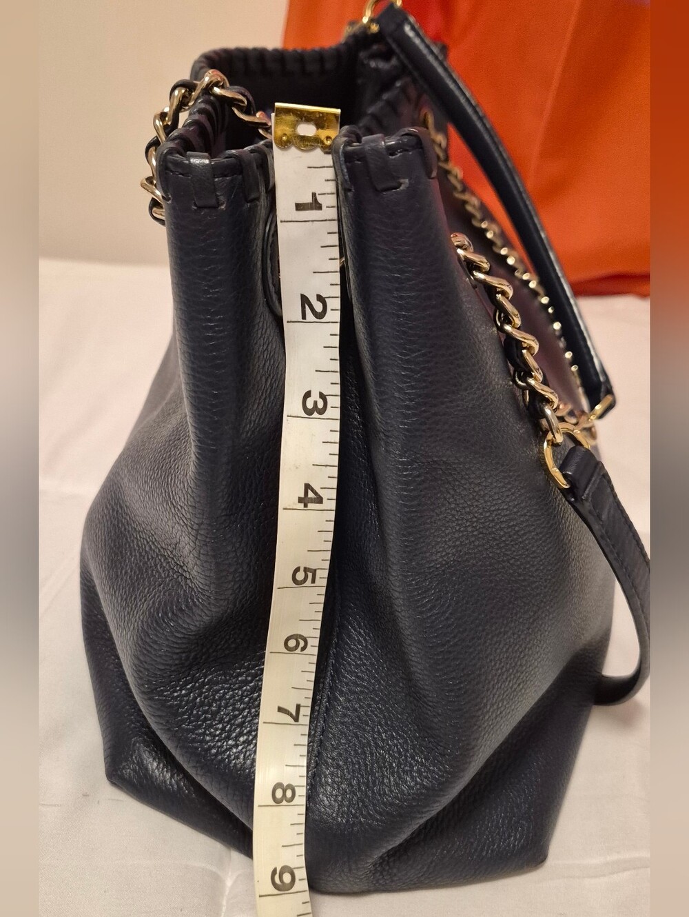 Tory Burch Nave Blue Pebbled Leather Shoulder Bag with Gold Chain Straps - Picture 12 of 15